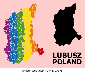 Spectrum colored collage vector map of Lubusz Province for LGBT, and black version. Geographic collage map of Lubusz Province is constructed with random round spheric elements.