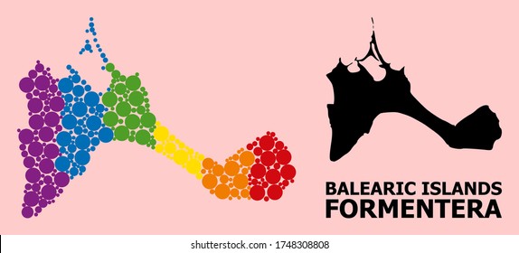 Spectrum colored collage vector map of Formentera Island for LGBT, and black version. Geographic concept map of Formentera Island is composed with scattered round spheric dots.