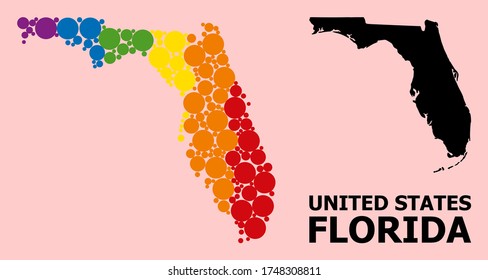 Spectrum colored collage vector map of Florida State for LGBT, and black version. Geographic collage map of Florida State is constructed from scattered circle elements.