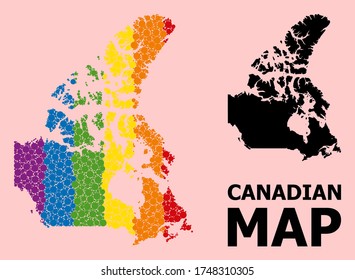 Spectrum colored collage vector map of Canada for LGBT, and black version. Geographic concept map of Canada is created from randomized round spheric spots.