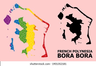 Spectrum colored collage vector map of Bora-Bora for LGBT, and black version. Geographic collage map of Bora-Bora is constructed with random round spheric spots.