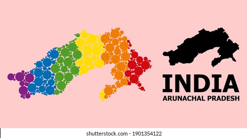 Spectrum colored collage vector map of Arunachal Pradesh State for LGBT, and black version. Geographic collage map of Arunachal Pradesh State is composed from random circle dots.