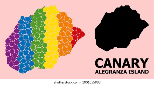 Spectrum colored collage vector map of Alegranza Island for LGBT, and black version. Geographic concept map of Alegranza Island is constructed from scattered circle spots.