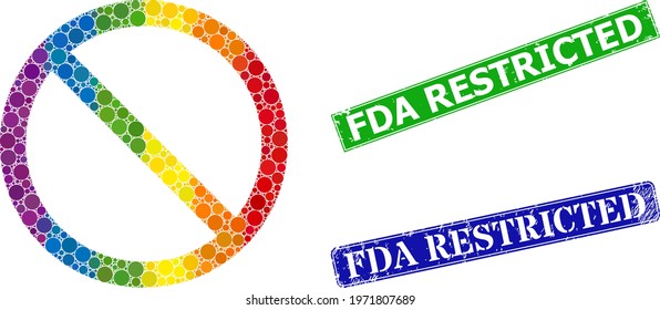 Spectrum colored gradient circle mosaic restricted, and FDA Restricted dirty framed rectangle watermarks. Blue and green stamps contain FDA Restricted text inside framed rectangles.