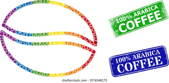 Spectrum colored gradient round dot collage cacao beans, and 100 percent Arabica Coffee textured framed rectangle seals. Blue and green stamp seals have 100 percent Arabica Coffee tag inside framed