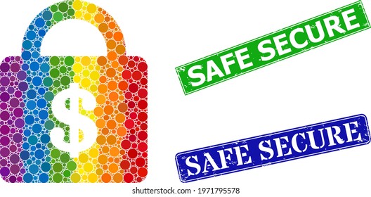Spectrum colored gradient rounded dot mosaic bank lock, and Safe Secure unclean framed rectangle seals. Blue and green stamp seals contain Safe Secure tag inside framed rectangles.