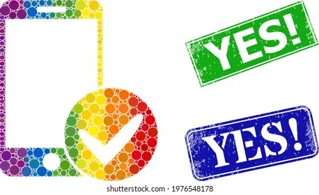 Spectrum colored gradiented rounded dot mosaic approved smartphone, and Yes Exclamation textured framed rectangle stamp seals. Blue and green stamp seals have Yes Exclamation text inside framed