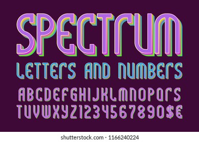 Spectrum colored letters and numbers with currency symbols. Iridescent vibrant font.
