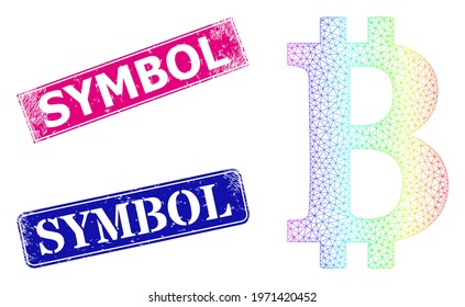Spectrum colored mesh bitcoin symbol, and Symbol textured framed rectangle stamp seals. Pink and blue rectangle stamp seals have Symbol text. Vector model based on bitcoin symbol icon.