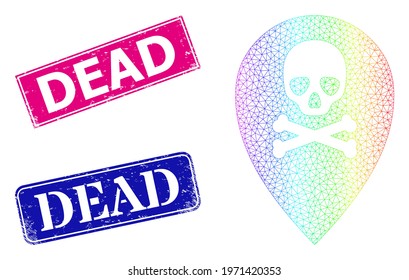 Spectrum colored mesh dead place marker, and Dead corroded framed rectangle seals. Pink and blue rectangle stamp seals contain Dead title. Vector model created from dead place marker icon.