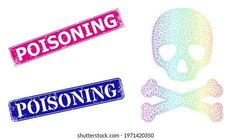 Spectrum colored mesh death skull, and Poisoning scratched framed rectangle seals. Pink and blue rectangle stamp seals include Poisoning text. Vector model based on death skull icon.