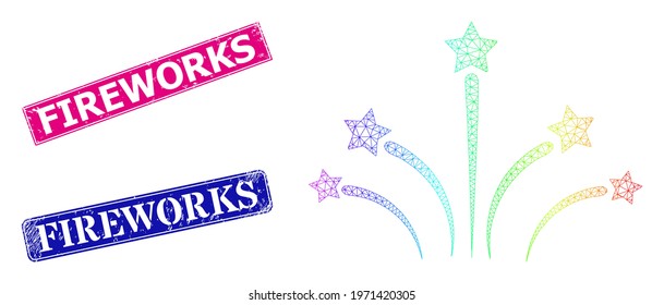 Spectrum colored mesh fireworks, and Fireworks scratched framed rectangle stamp seals. Pink and blue rectangle seals have Fireworks text. Vector model created from fireworks icon.