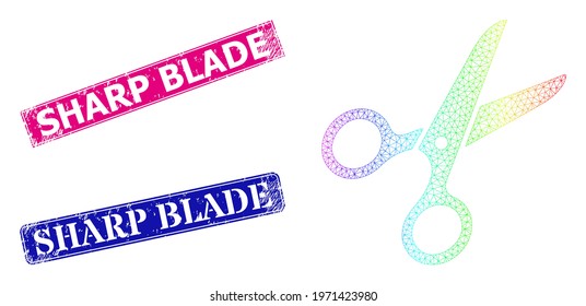 Spectrum colored mesh scissors, and Sharp Blade grunge framed rectangle seals. Pink and blue rectangle seals have Sharp Blade title. Vector model created from scissors icon. Vibrant frame mesh icon.