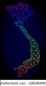 Spectrum colored mesh vector map of Vietnam isolated on a dark blue background. Abstract lines, triangles forms map of Vietnam. Carcass model for political posters.