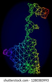 Spectrum colored mesh vector map of West Bengal State isolated on a dark blue background. Abstract lines, triangles forms map of West Bengal State. Carcass model for patriotic purposes.
