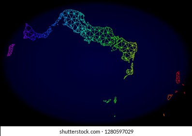 Spectrum colored mesh vector map of Turks and Caicos Islands isolated on a dark blue background. Abstract lines, triangles forms map of Turks and Caicos Islands.