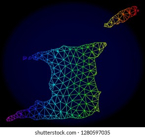 Spectrum colored mesh vector map of Trinidad and Tobago isolated on a dark blue background. Abstract lines, triangles forms map of Trinidad and Tobago. Carcass model for political purposes.