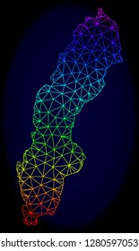Spectrum colored mesh vector map of Sweden isolated on a dark blue background. Abstract lines, triangles forms map of Sweden. Carcass model for patriotic posters.