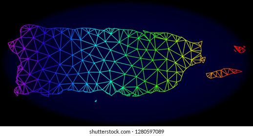 Spectrum colored mesh vector map of Puerto Rico isolated on a dark blue background. Abstract lines, triangles forms map of Puerto Rico. Carcass model for patriotic templates.