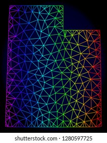 Spectrum colored mesh vector map of Utah State isolated on a dark blue background. Abstract lines, triangles forms map of Utah State. Carcass model for political illustrations.