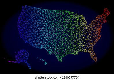 Spectrum colored mesh vector map of USA territories isolated on a dark blue background. Abstract lines, triangles forms map of USA territories. Carcass model for patriotic templates.