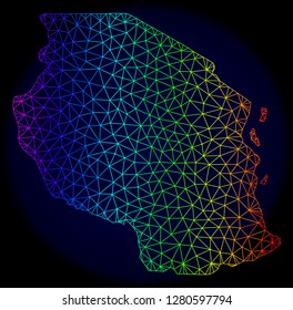 Spectrum colored mesh vector map of Tanzania isolated on a dark blue background. Abstract lines, triangles forms map of Tanzania. Carcass model for political illustrations.