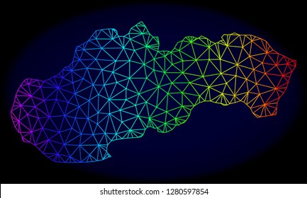 Spectrum colored mesh vector map of Slovakia isolated on a dark blue background. Abstract lines, triangles forms map of Slovakia. Carcass model for political templates.