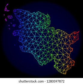 Spectrum colored mesh vector map of Schleswig-Holstein State isolated on a dark blue background. Abstract lines, triangles forms map of Schleswig-Holstein State. Carcass model for patriotic templates.