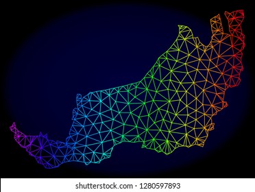 Spectrum colored mesh vector map of Sarawak isolated on a dark blue background. Abstract lines, triangles forms map of Sarawak. Carcass model for political purposes.
