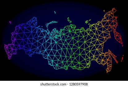 Spectrum colored mesh vector map of Russia isolated on a dark blue background. Abstract lines, triangles forms map of Russia. Carcass model for political purposes.