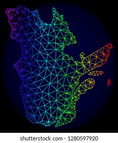 Spectrum colored mesh vector map of Quebec Province isolated on a dark blue background. Abstract lines, triangles forms map of Quebec Province. Carcass model for political templates.