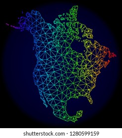 Spectrum colored mesh vector map of North America isolated on a dark blue background. Abstract lines, triangles forms map of North America. Carcass model for political purposes.