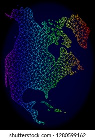 Spectrum colored mesh vector map of North America isolated on a dark blue background. Abstract lines, triangles forms map of North America. Carcass model for patriotic purposes.