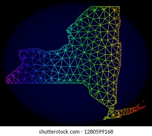 Spectrum colored mesh vector map of New York State isolated on a dark blue background. Abstract lines, triangles forms map of New York State. Carcass model for patriotic templates.