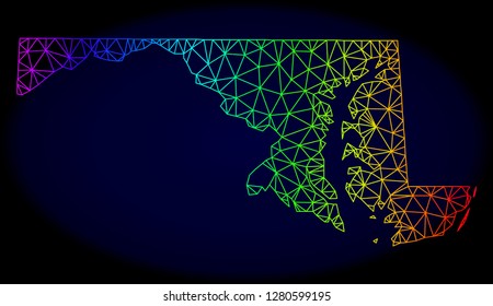 Spectrum colored mesh vector map of Maryland State isolated on a dark blue background. Abstract lines, triangles forms map of Maryland State. Carcass model for patriotic purposes.