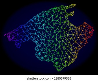Spectrum colored mesh vector map of Majorca isolated on a dark blue background. Abstract lines, triangles forms map of Majorca. Carcass model for patriotic purposes.