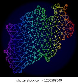 Spectrum colored mesh vector map of North Rhine-Westphalia State isolated on a dark blue background. Abstract lines, triangles forms map of North Rhine-Westphalia State.