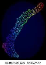 Spectrum colored mesh vector map of Novaya Zemlya Islands isolated on a dark blue background. Abstract lines, triangles forms map of Novaya Zemlya Islands. Carcass model for patriotic posters.