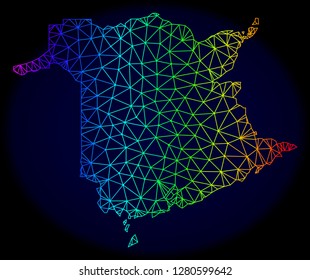 Spectrum colored mesh vector map of New Brunswick Province isolated on a dark blue background. Abstract lines, triangles forms map of New Brunswick Province. Carcass model for political posters.