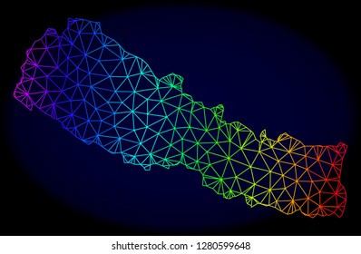 Spectrum colored mesh vector map of Nepal isolated on a dark blue background. Abstract lines, triangles forms map of Nepal. Carcass model for patriotic purposes.