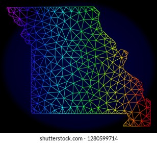 Spectrum colored mesh vector map of Missouri State isolated on a dark blue background. Abstract lines, triangles forms map of Missouri State. Carcass model for political purposes.