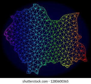 Spectrum colored mesh vector map of Lesser Poland Province isolated on a dark blue background. Abstract lines, triangles forms map of Lesser Poland Province. Carcass model for patriotic templates.