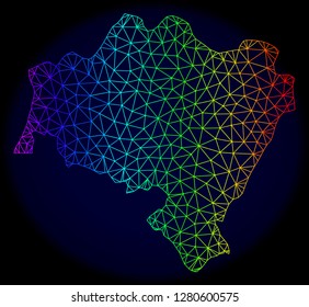 Spectrum colored mesh vector map of Lower Silesia Province isolated on a dark blue background. Abstract lines, triangles forms map of Lower Silesia Province. Carcass model for patriotic illustrations.