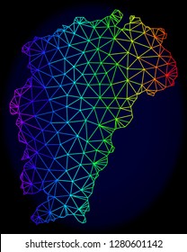Spectrum colored mesh vector Map of Jiangxi Province isolated on a dark blue background. Abstract lines, triangles forms Map of Jiangxi Province. Carcass model for political templates.
