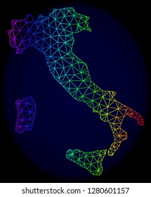 Spectrum colored mesh vector map of Italy isolated on a dark blue background. Abstract lines, triangles forms map of Italy. Carcass model for patriotic templates.