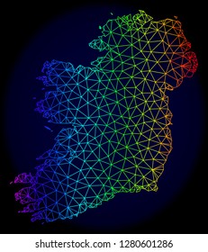 Spectrum colored mesh vector map of Ireland Island isolated on a dark blue background. Abstract lines, triangles forms map of Ireland Island. Carcass model for political posters.