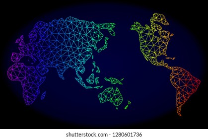 Spectrum colored mesh vector map of Earth isolated on a dark blue background. Abstract lines, triangles forms map of Earth. Carcass model for patriotic purposes.