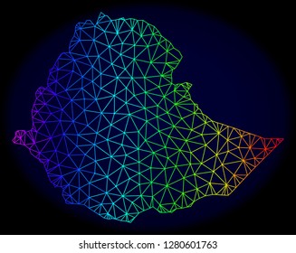 Spectrum colored mesh vector map of Ethiopia isolated on a dark blue background. Abstract lines, triangles forms map of Ethiopia. Carcass model for patriotic purposes.