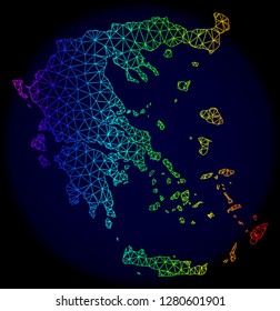 Spectrum colored mesh vector map of Greece isolated on a dark blue background. Abstract lines, triangles forms map of Greece. Carcass model for patriotic illustrations.