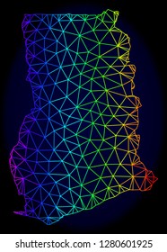 Spectrum colored mesh vector map of Ghana isolated on a dark blue background. Abstract lines, triangles forms map of Ghana. Carcass model for patriotic illustrations.